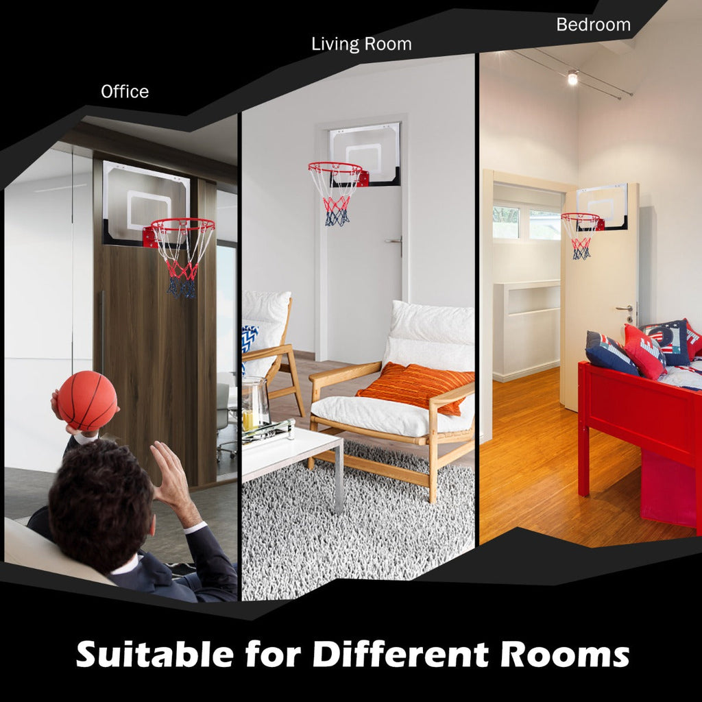 Mini indoor basketball hoop set with shatterproof backboard, heavy-duty metal rim, ball, and pump. — view 3
