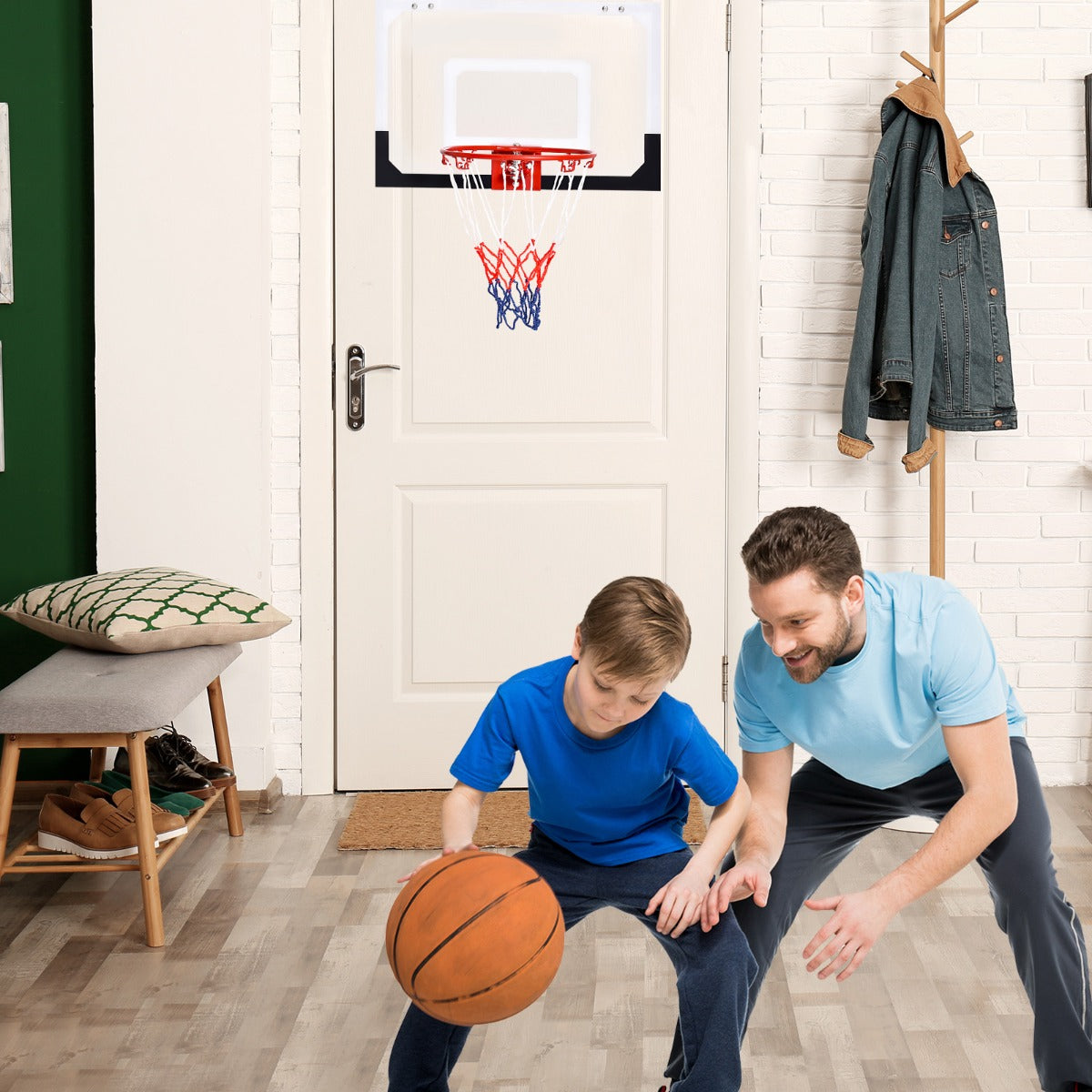 Mini indoor basketball hoop set with shatterproof backboard, heavy-duty metal rim, ball, and pump. — view 2