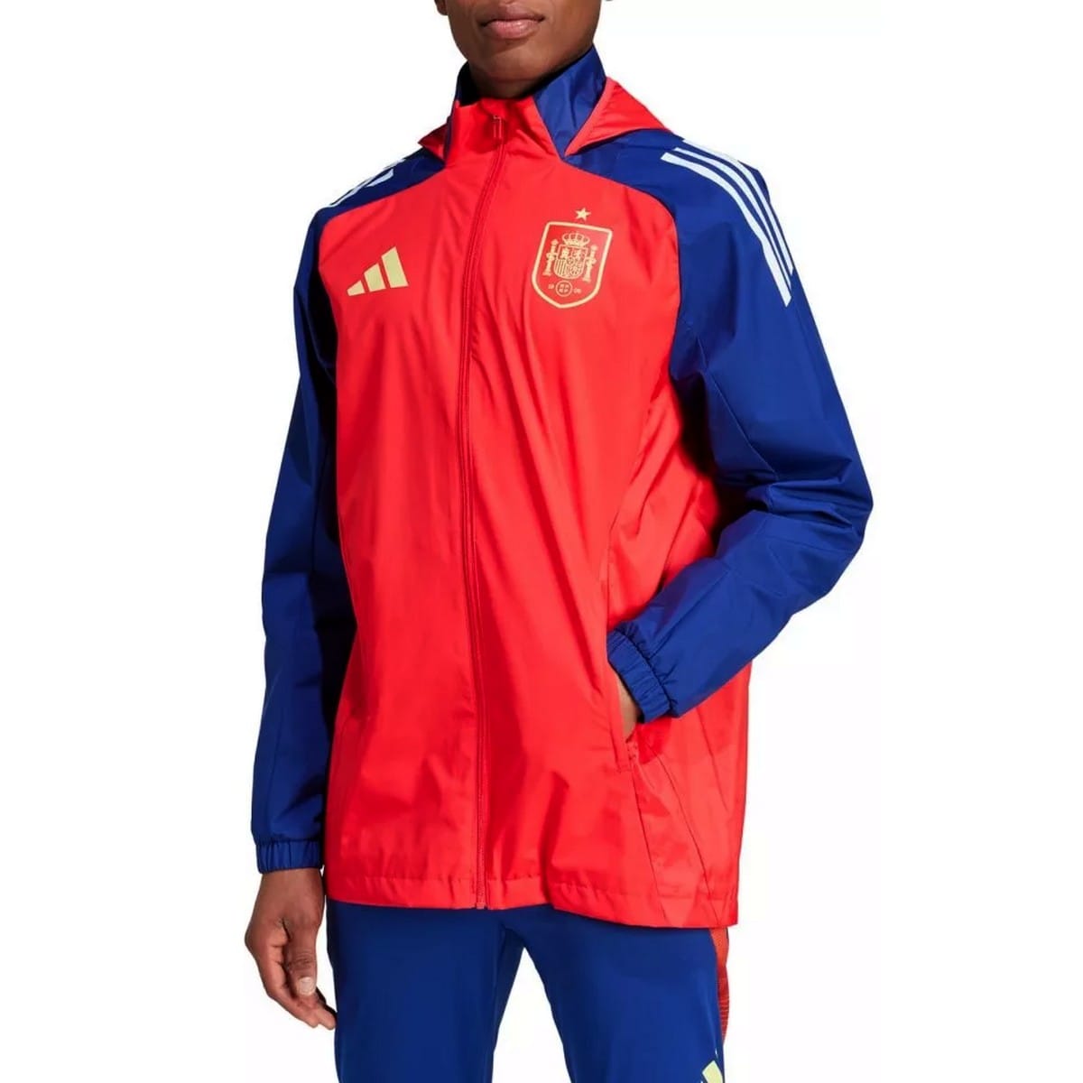 Authentic Spain soccer training rain jacket by Adidas with foldable hood and official FEF crest — view 2