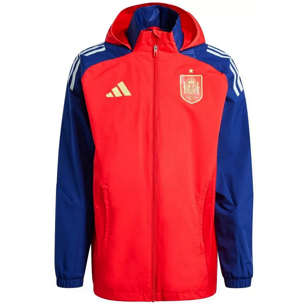 Authentic Spain soccer training rain jacket by Adidas with foldable hood and official FEF crest