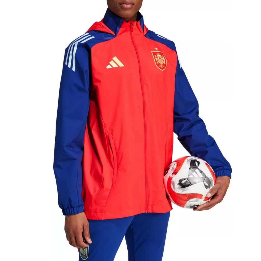 Authentic Spain soccer training rain jacket by Adidas with foldable hood and official FEF crest — view 5