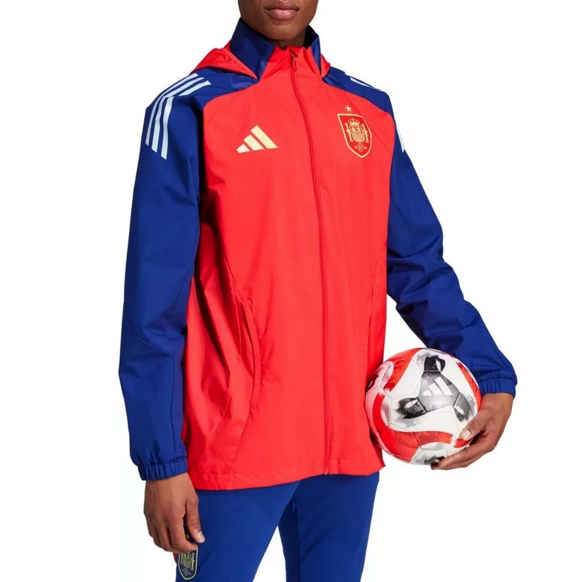 Authentic Spain soccer training rain jacket by Adidas with foldable hood and official FEF crest — view 5