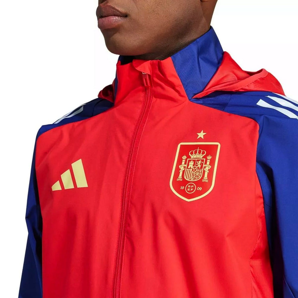 Authentic Spain soccer training rain jacket by Adidas with foldable hood and official FEF crest — view 4