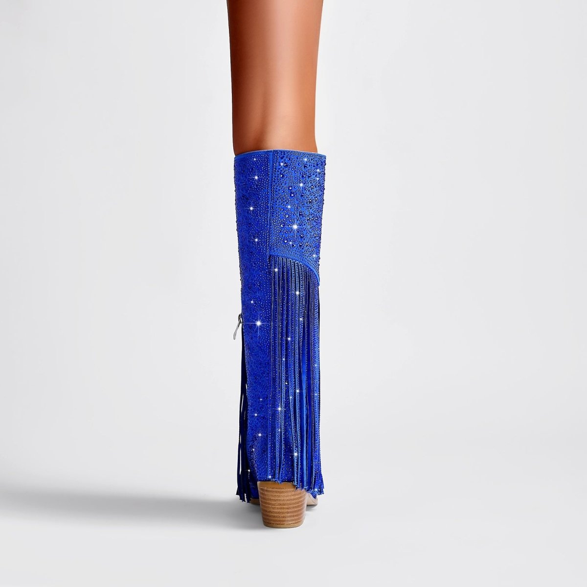 Sparkly fringe knee high boots with dazzling rhinestones, pointed toe, and stacked wood heel — view 3