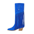 Sparkly fringe knee high boots with dazzling rhinestones, pointed toe, and stacked wood heel