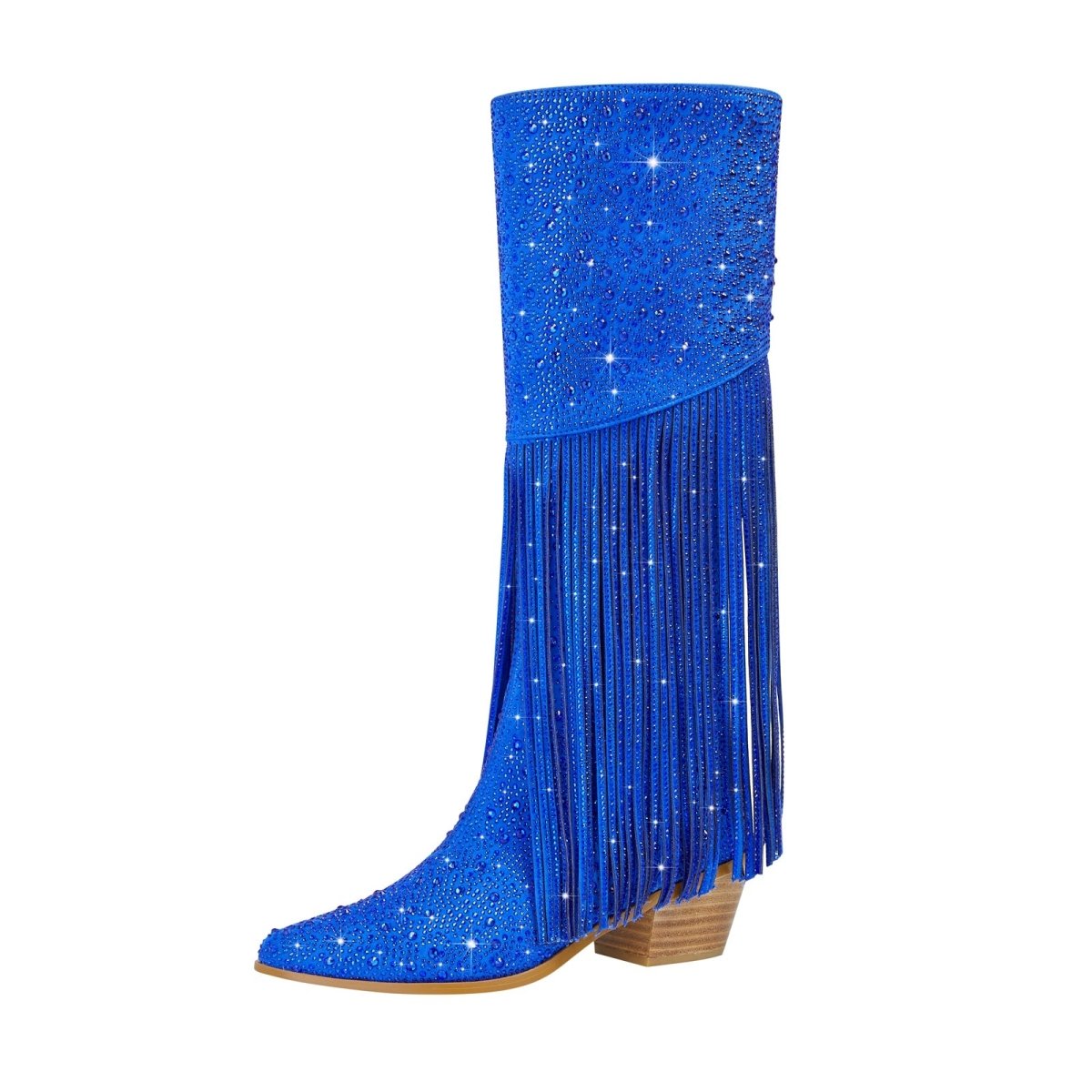 Sparkly fringe knee high boots with dazzling rhinestones, pointed toe, and stacked wood heel — view 4