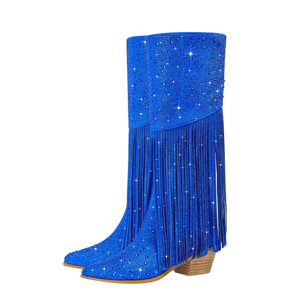 Sparkly fringe knee high boots with dazzling rhinestones, pointed toe, and stacked wood heel — view 5