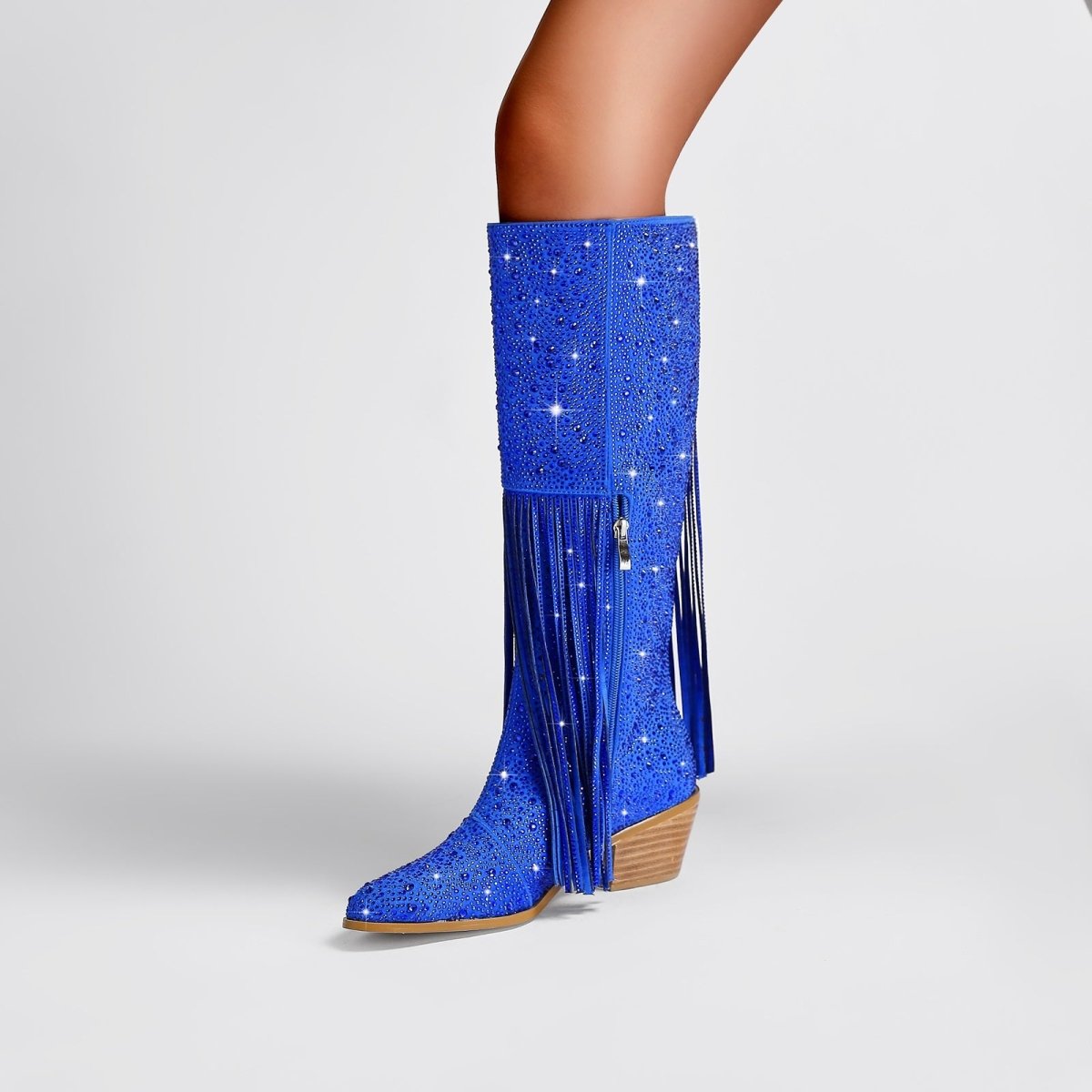 Sparkly fringe knee high boots with dazzling rhinestones, pointed toe, and stacked wood heel — view 2