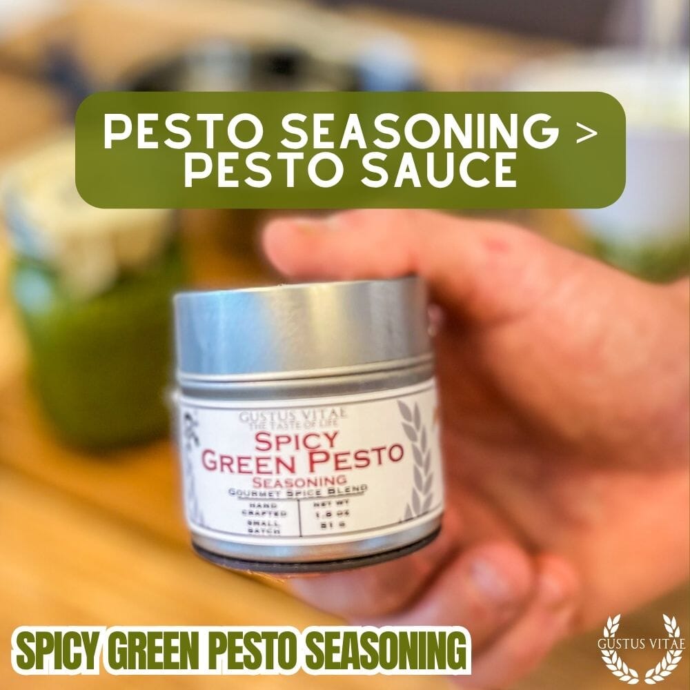 Spicy green pesto seasoning in a small magnetic tin with gourmet herbs and spices — view 2
