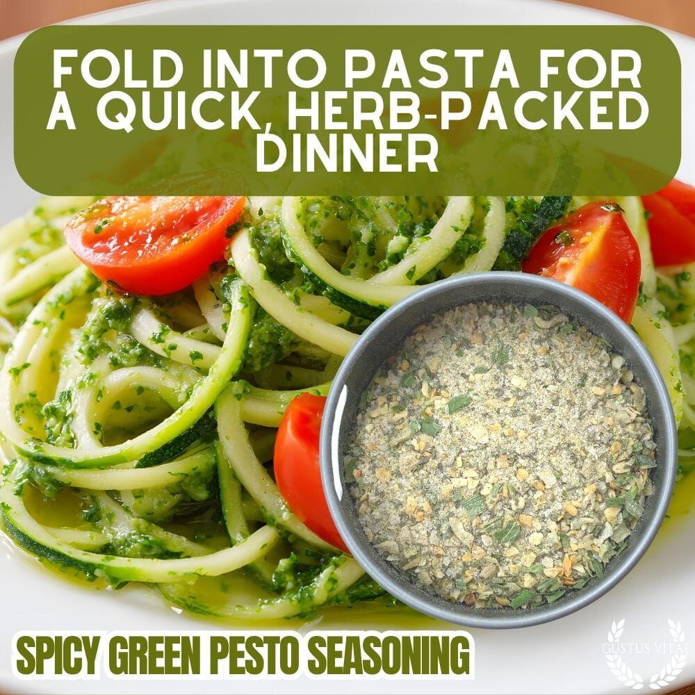 Spicy green pesto seasoning in a small magnetic tin with gourmet herbs and spices — view 4