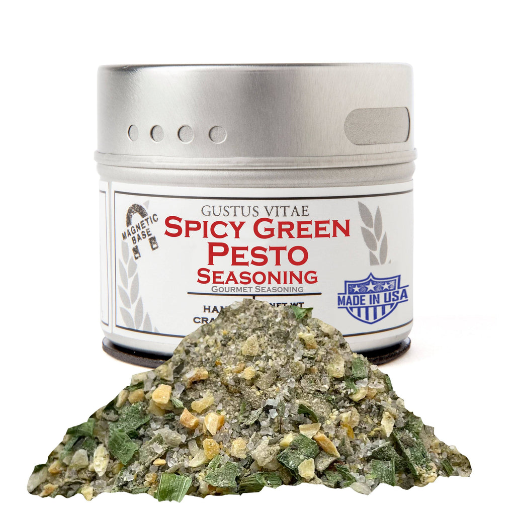 Spicy green pesto seasoning in a small magnetic tin with gourmet herbs and spices