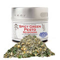 Spicy green pesto seasoning in a small magnetic tin with gourmet herbs and spices
