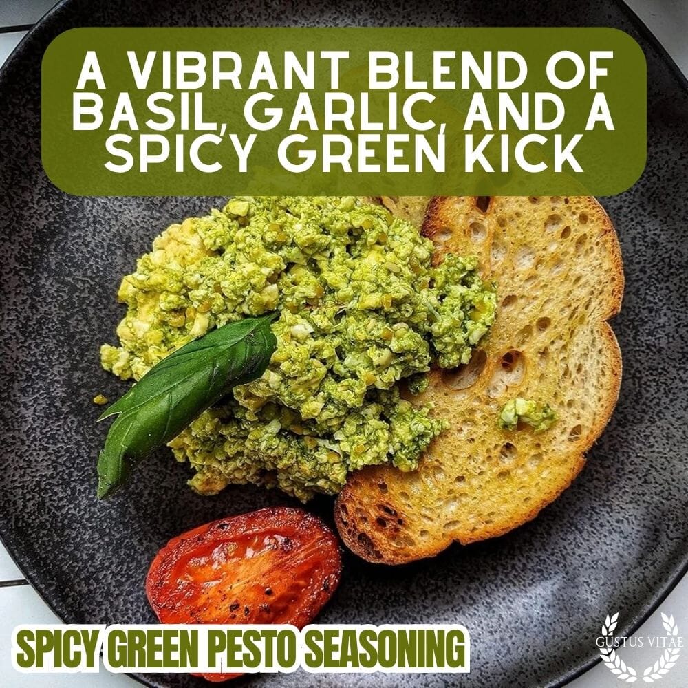 Spicy green pesto seasoning in a small magnetic tin with gourmet herbs and spices — view 5