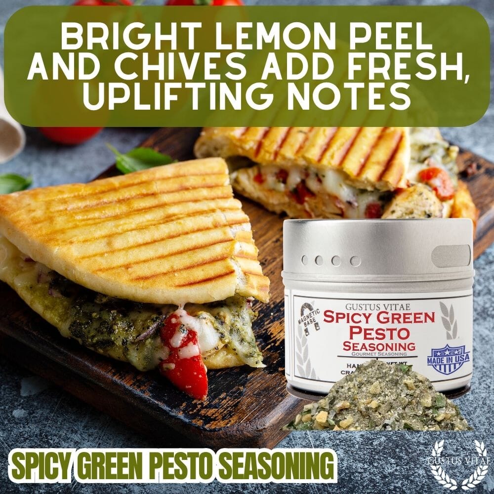 Spicy green pesto seasoning in a small magnetic tin with gourmet herbs and spices — view 3