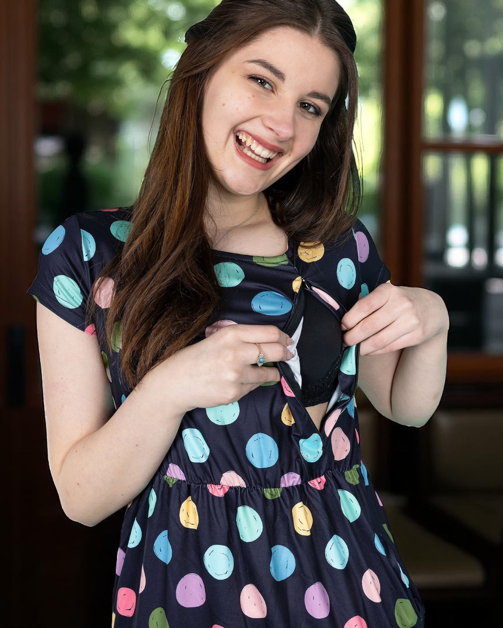Knee length polka dot breastfeeding dress with short sleeves and hidden zips for nursing mothers — view 2
