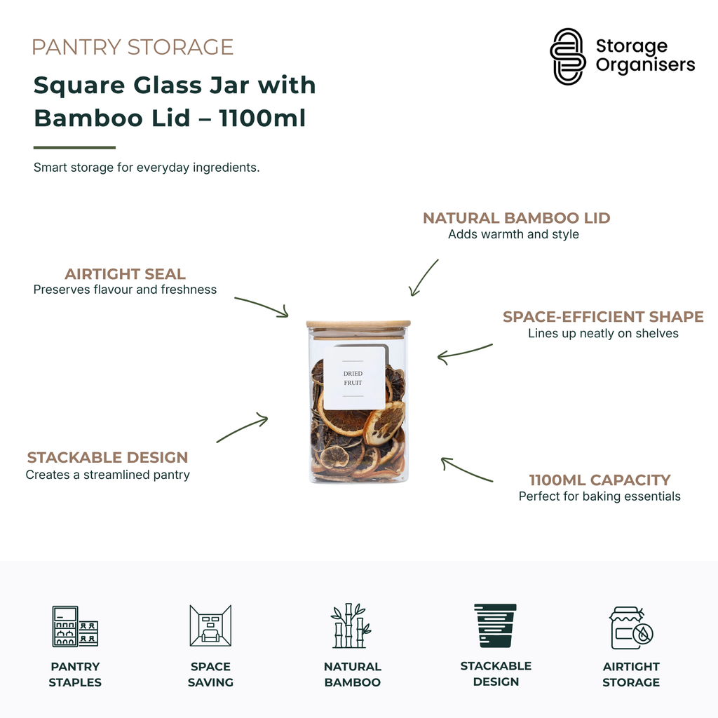 Clear 1100ml square glass jar with an airtight natural bamboo lid for pantry storage — view 5