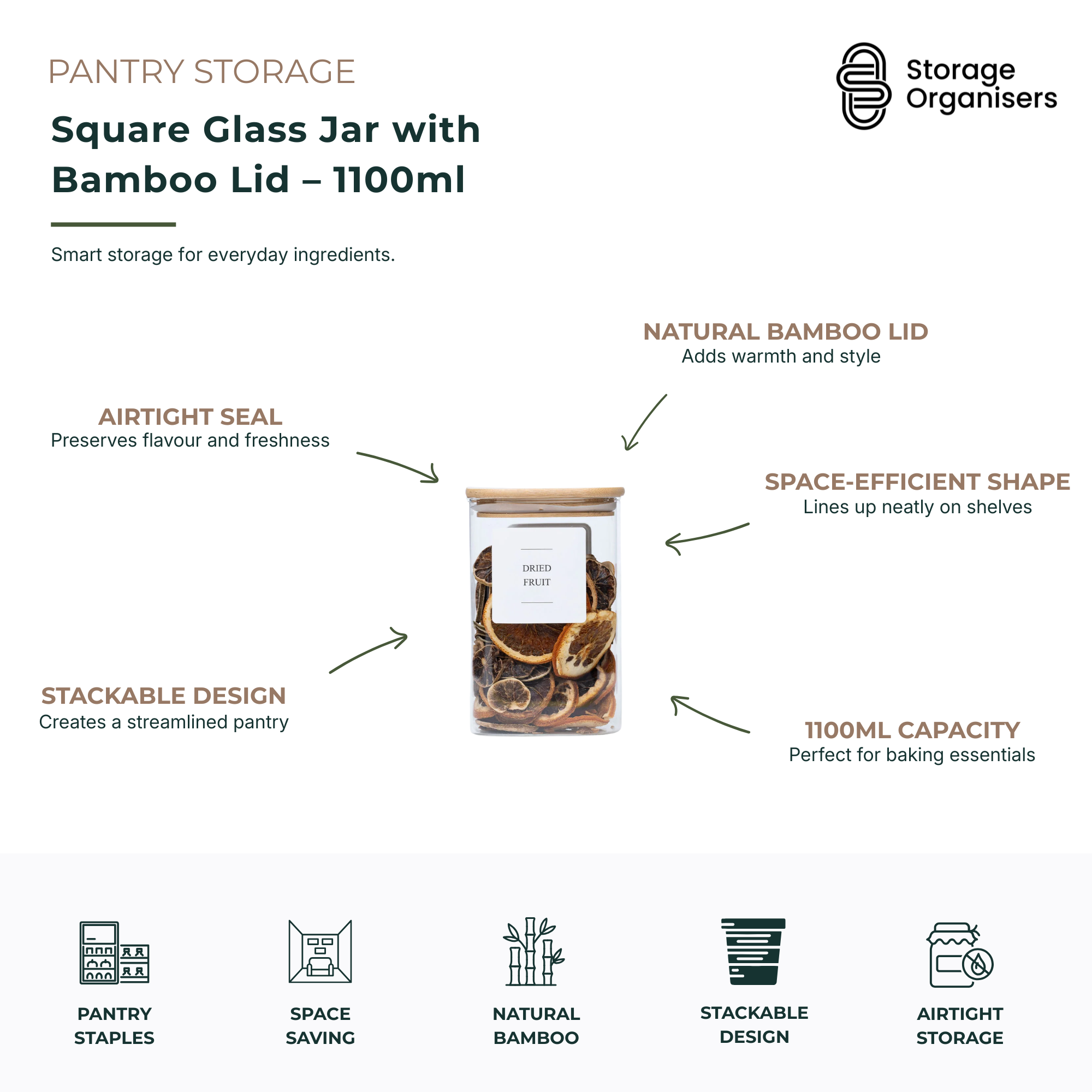 Clear 1100ml square glass jar with an airtight natural bamboo lid for pantry storage — view 5