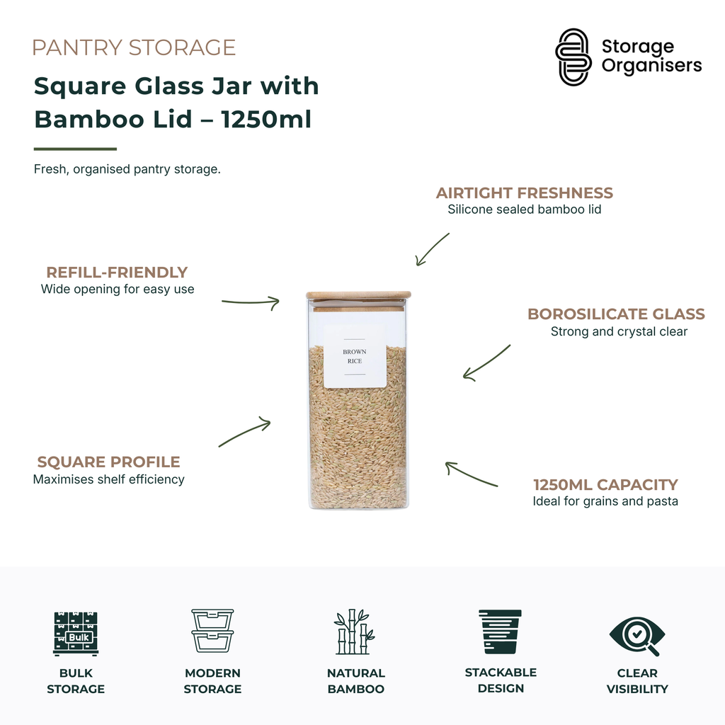 Clear square borosilicate glass 1250ml storage jar with a natural airtight bamboo lid. — view 5