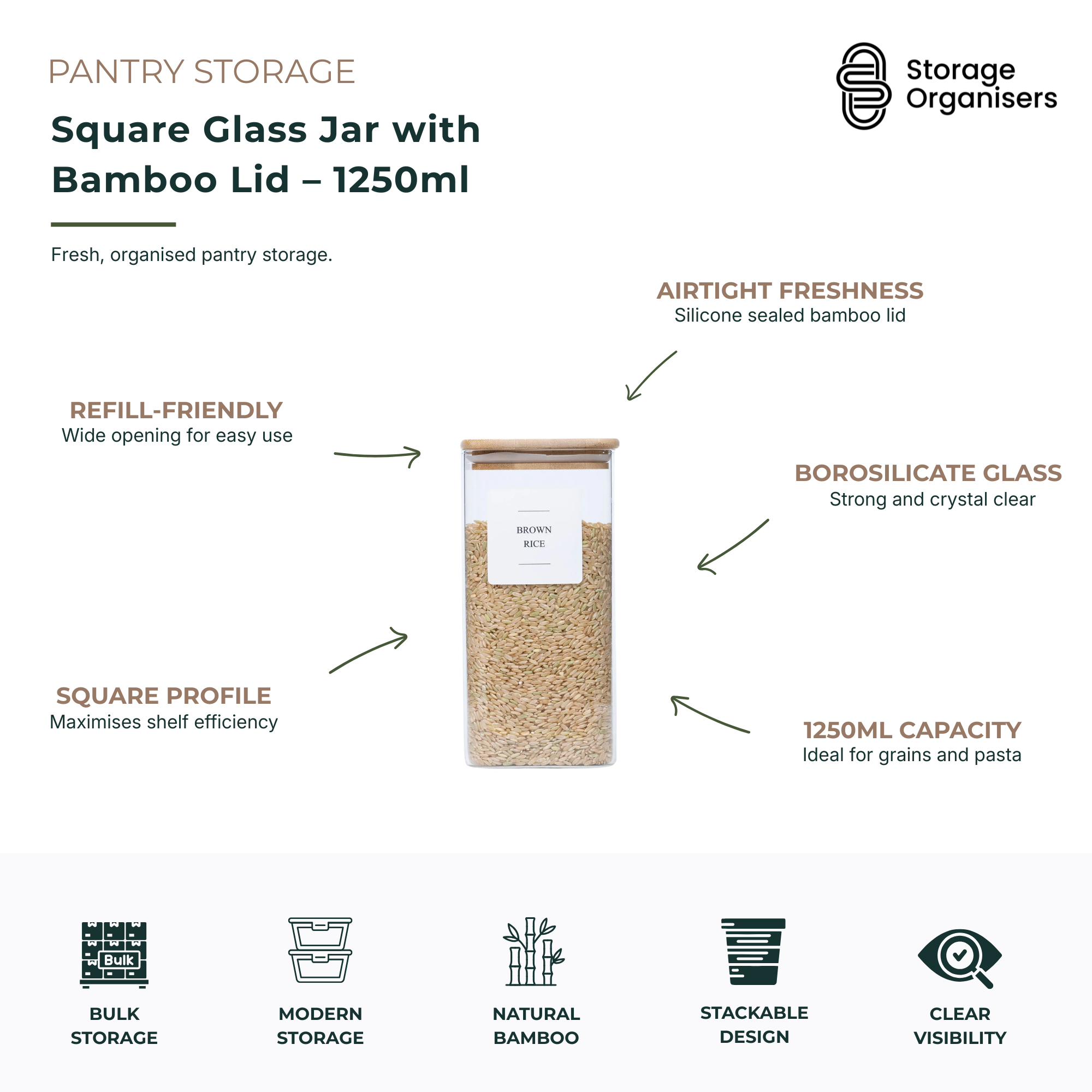 Clear square borosilicate glass 1250ml storage jar with a natural airtight bamboo lid. — view 5