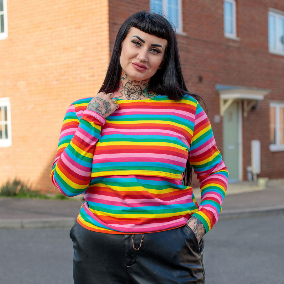 Roxy rainbow striped breastfeeding top for new mums in soft breathable cotton blend — view 4