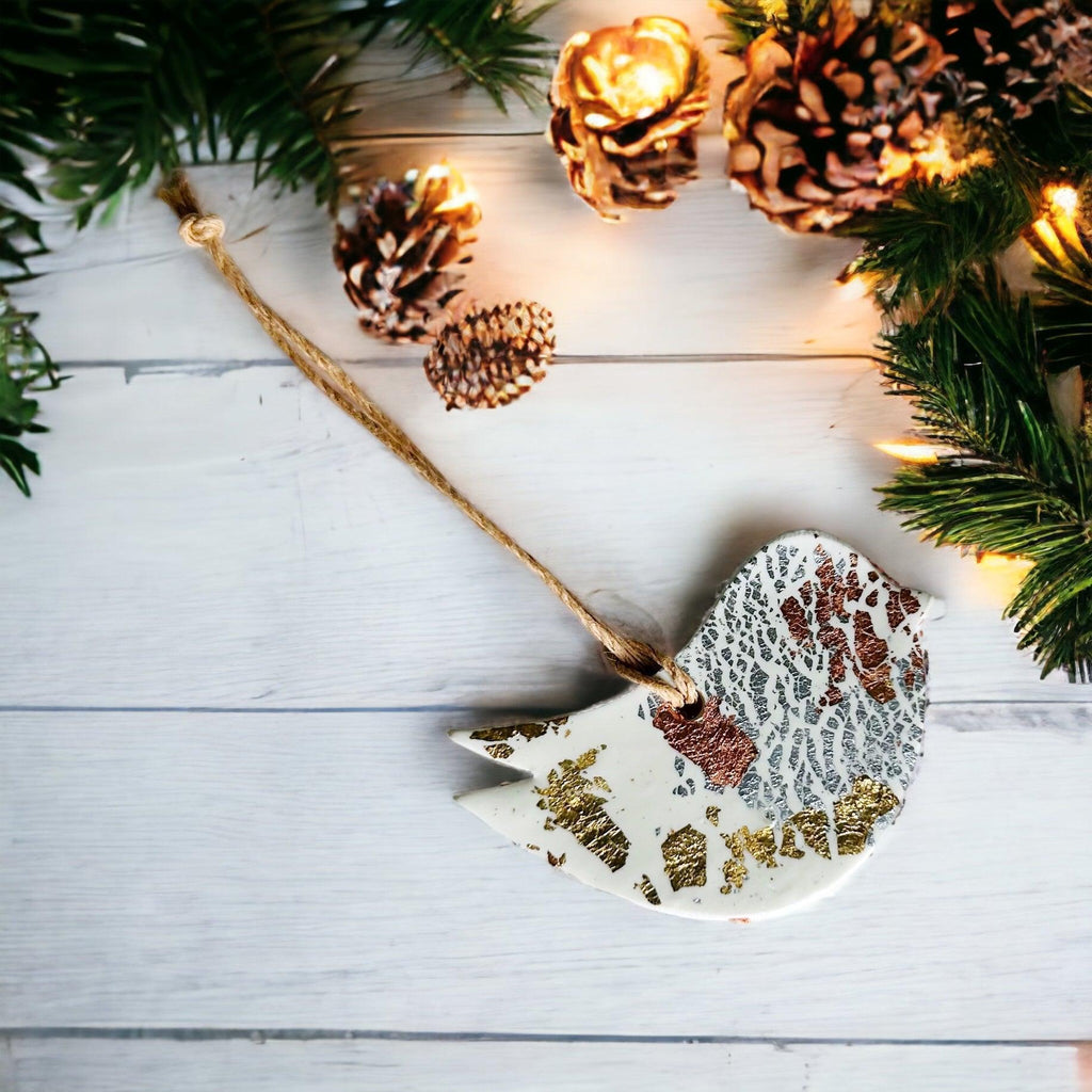 Set of three white polymer clay Christmas ornaments with gold silver and copper foil flakes. — view 2