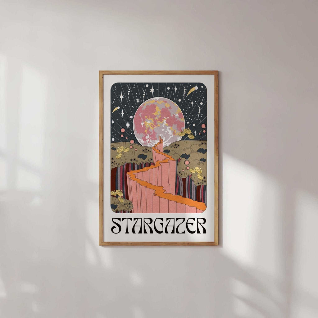 Stargazer art print featuring a celestial night sky and full moon illustration on fine art paper — view 2