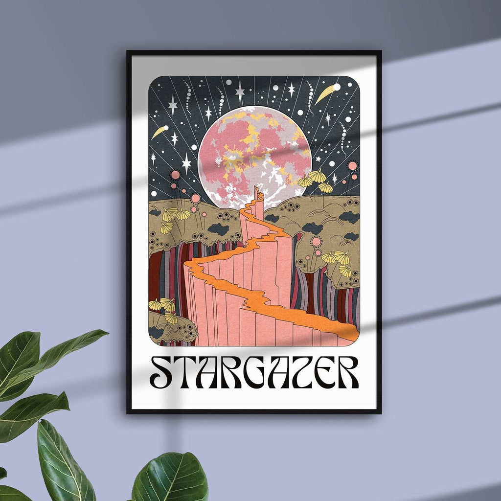 Stargazer art print featuring a celestial night sky and full moon illustration on fine art paper