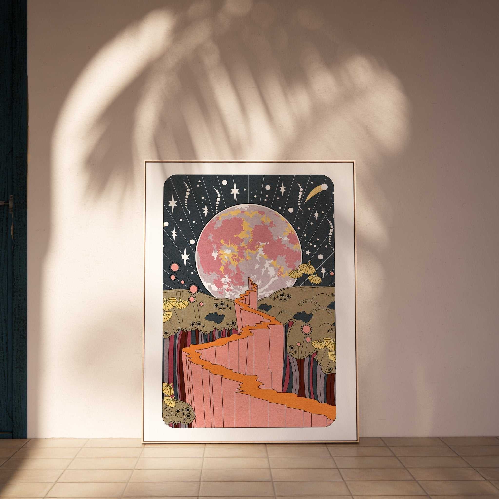 Stargazer art print featuring a celestial night sky and full moon illustration on fine art paper — view 4