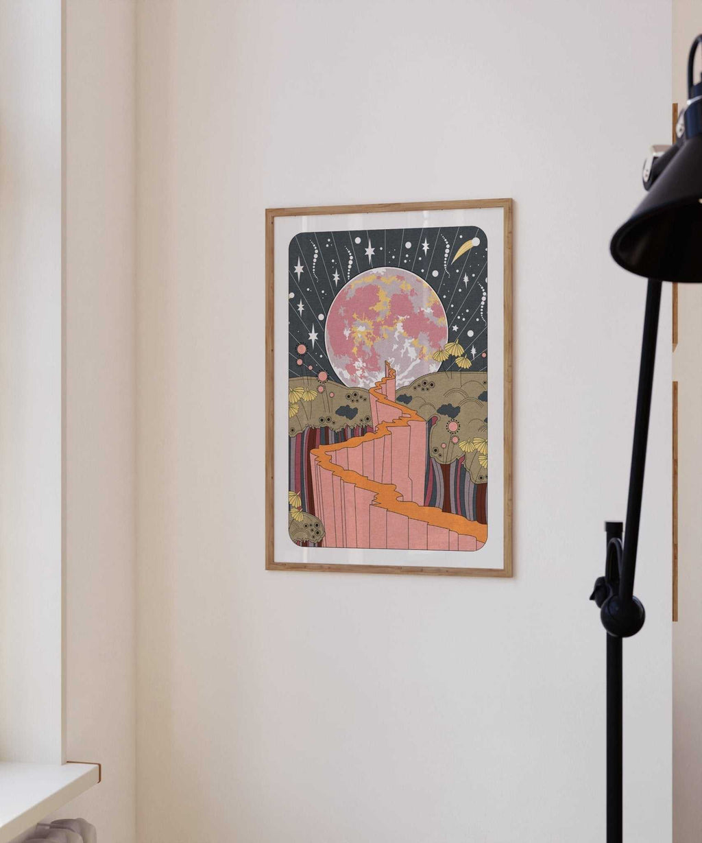 Stargazer art print featuring a celestial night sky and full moon illustration on fine art paper — view 5