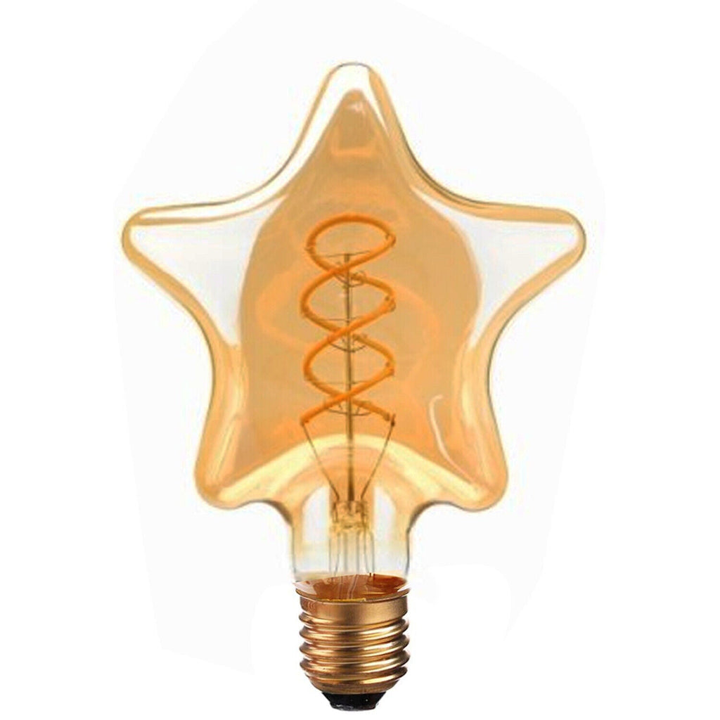 Vintage E27 LED star filament light bulb with transparent glass emitting a warm white ambient glow
