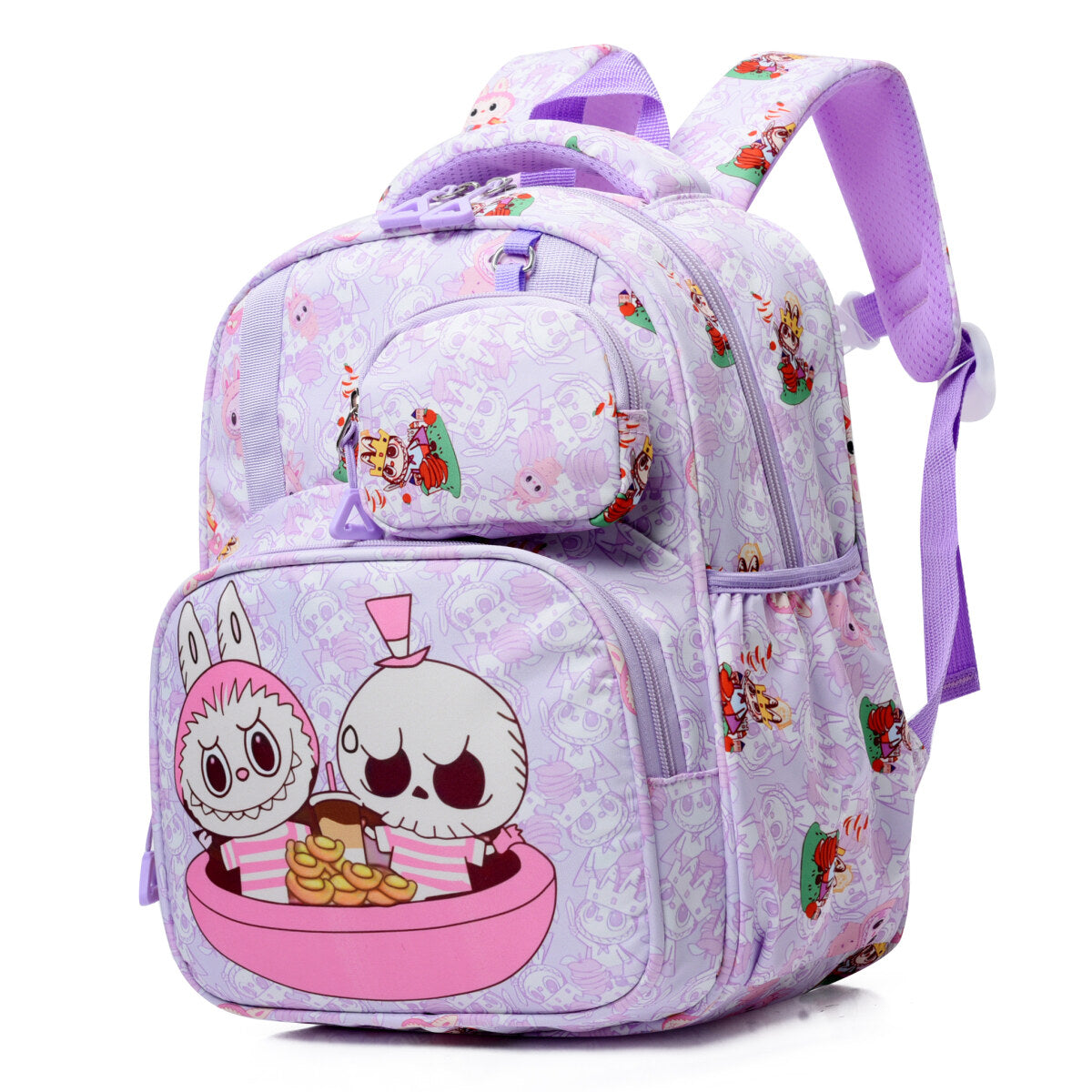 Labubu kids backpack in water-repellent oxford cloth featuring a large front pocket and mini wallet — view 2