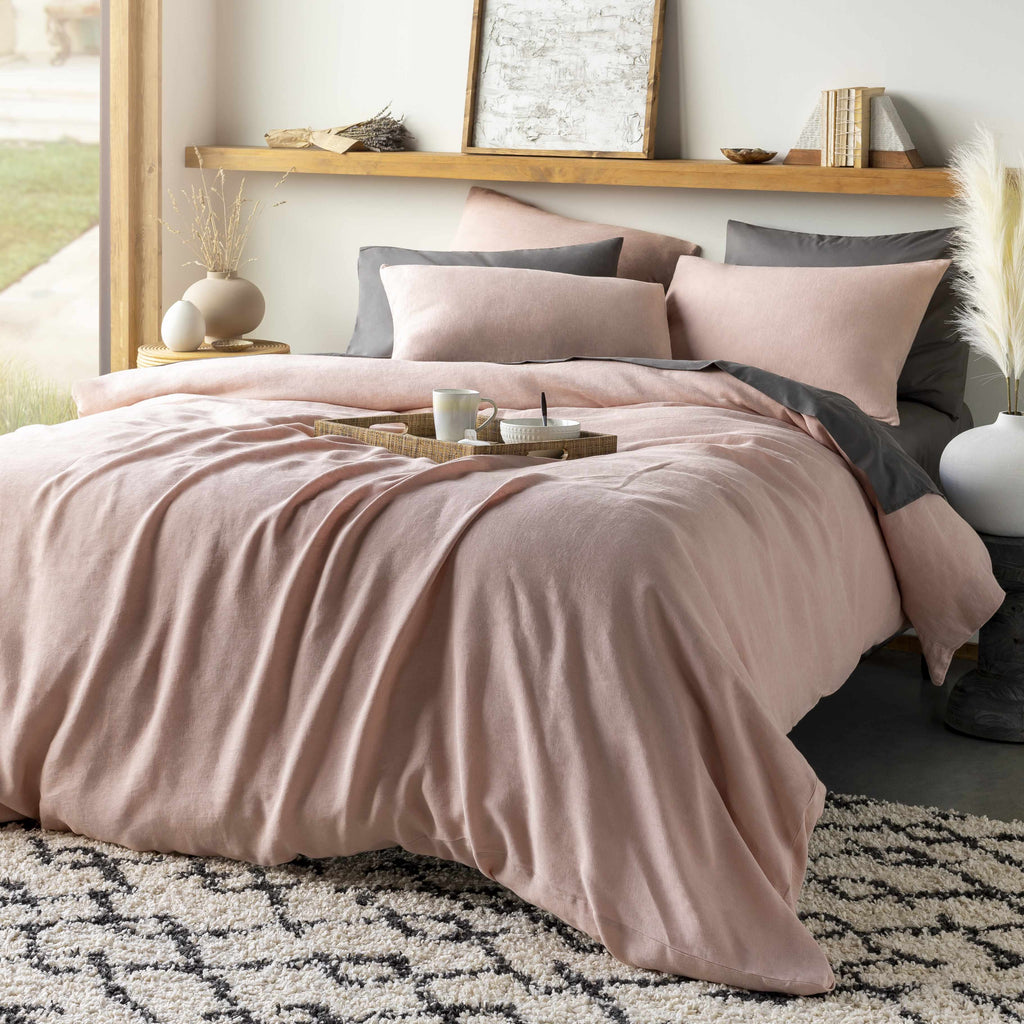 Estaca blush pink 100% linen bedding set in a traditional and farmhouse style bedroom setting