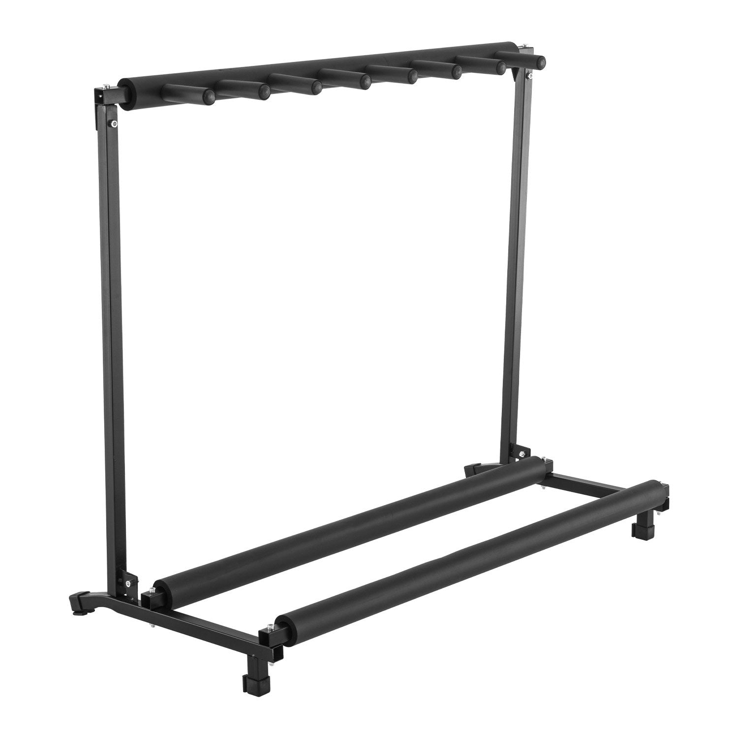 Black industrial steel multi guitar stand holding seven guitars with protective rubber padding.