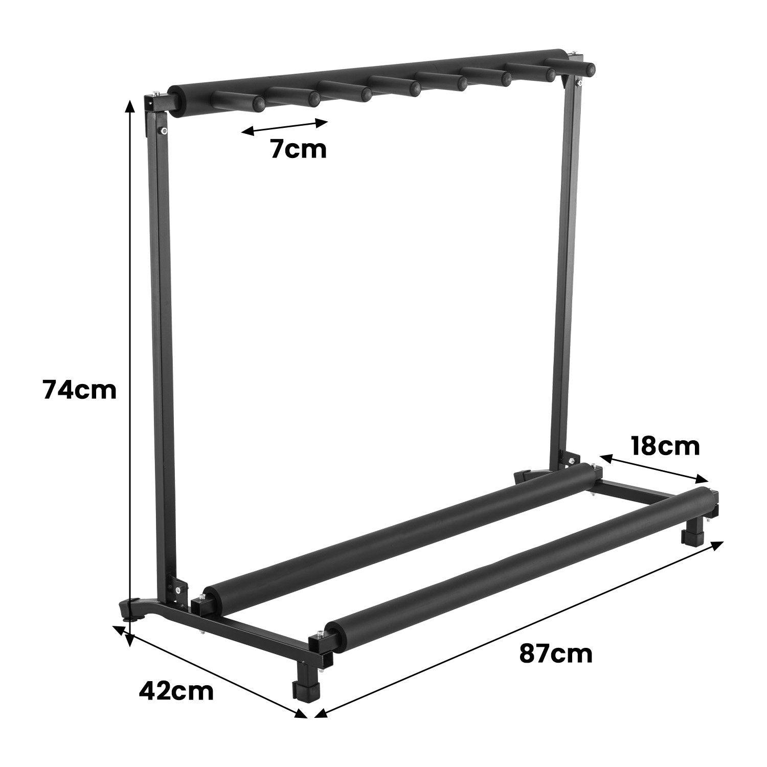 Black industrial steel multi guitar stand holding seven guitars with protective rubber padding. — view 2