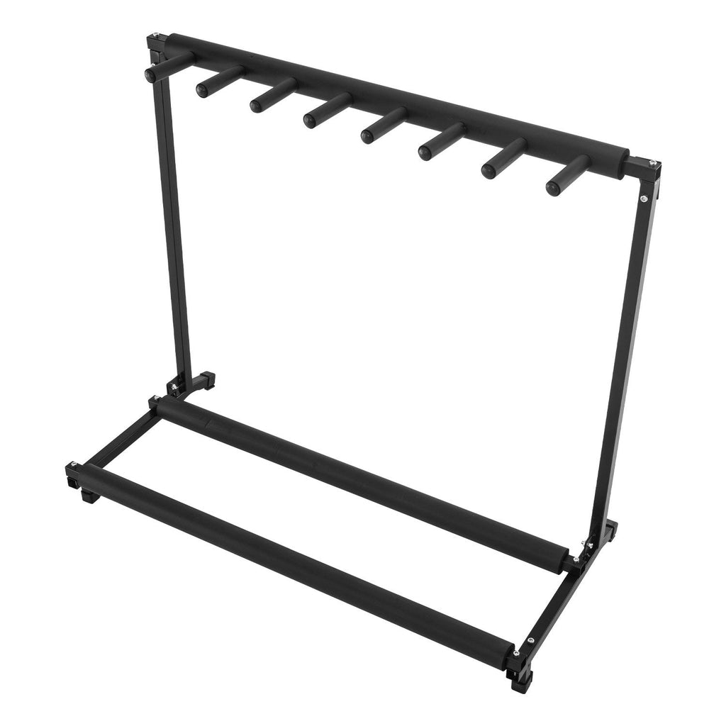 Black industrial steel multi guitar stand holding seven guitars with protective rubber padding. — view 3