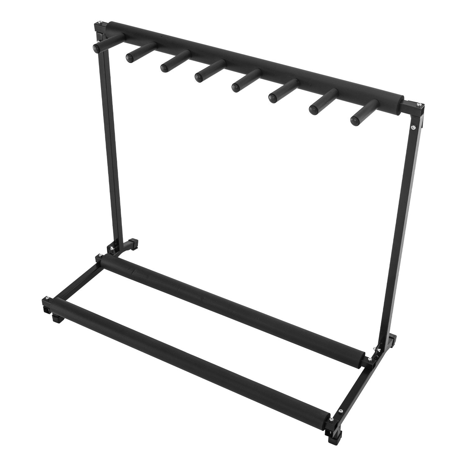 Black industrial steel multi guitar stand holding seven guitars with protective rubber padding. — view 3