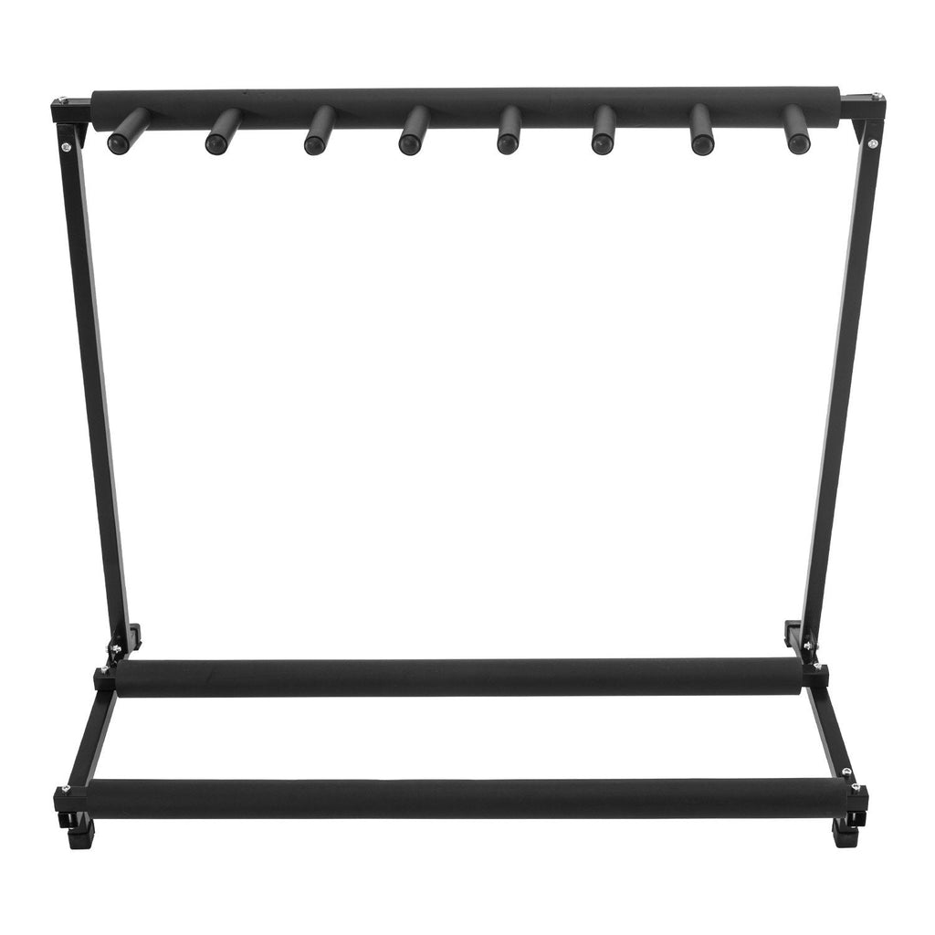 Black industrial steel multi guitar stand holding seven guitars with protective rubber padding. — view 4