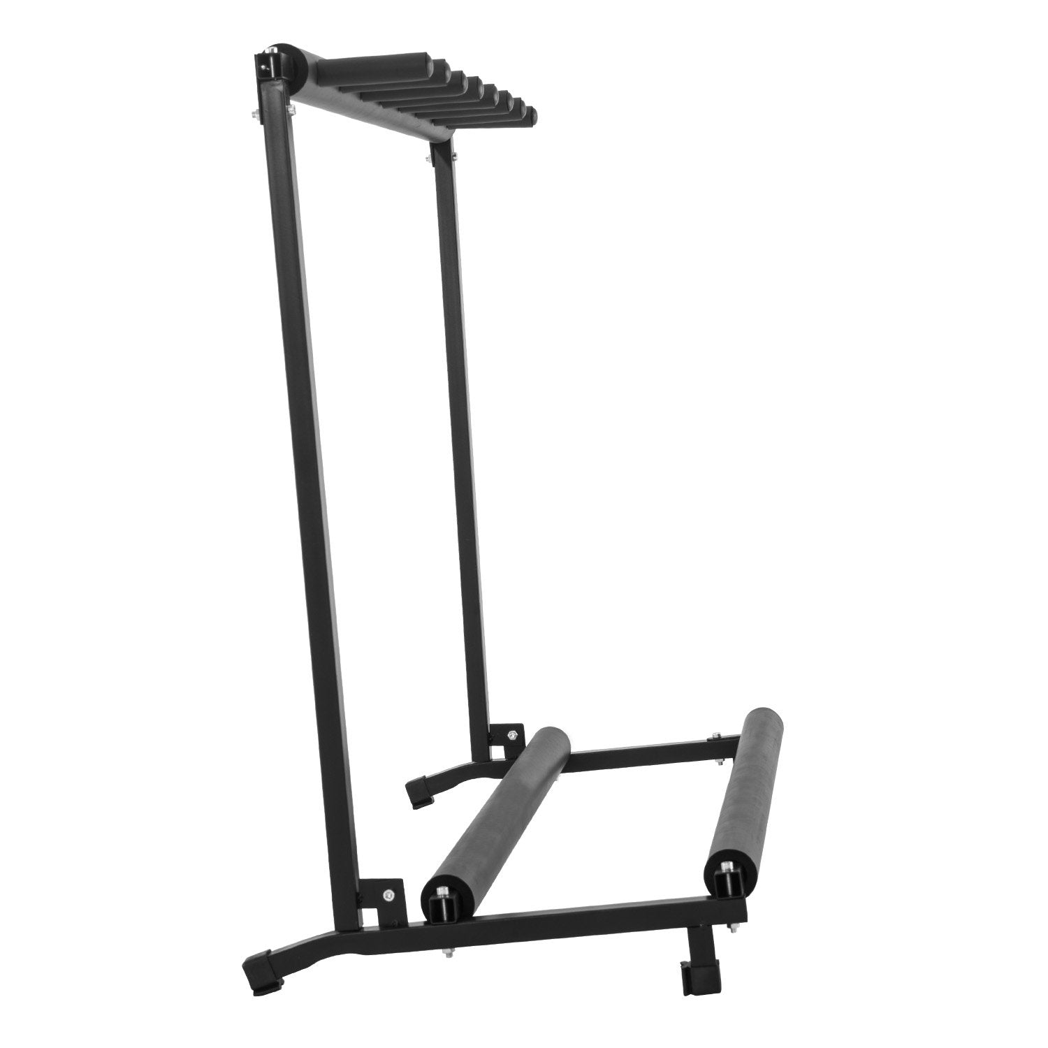 Black industrial steel multi guitar stand holding seven guitars with protective rubber padding. — view 5