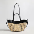 Handwoven natural straw and leather tote bag with multi-pocket interior and dual shoulder handles