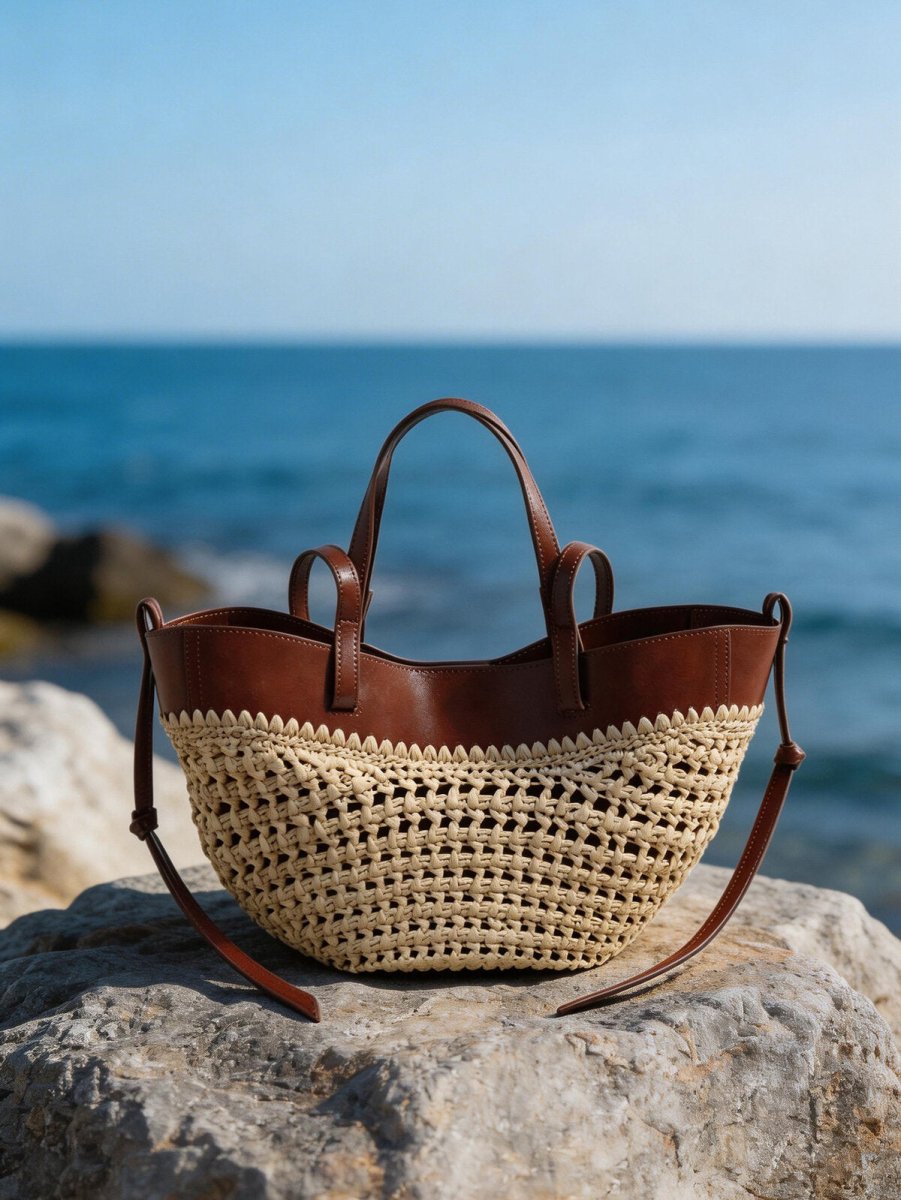 Handwoven natural straw and leather tote bag with multi-pocket interior and dual shoulder handles — view 5