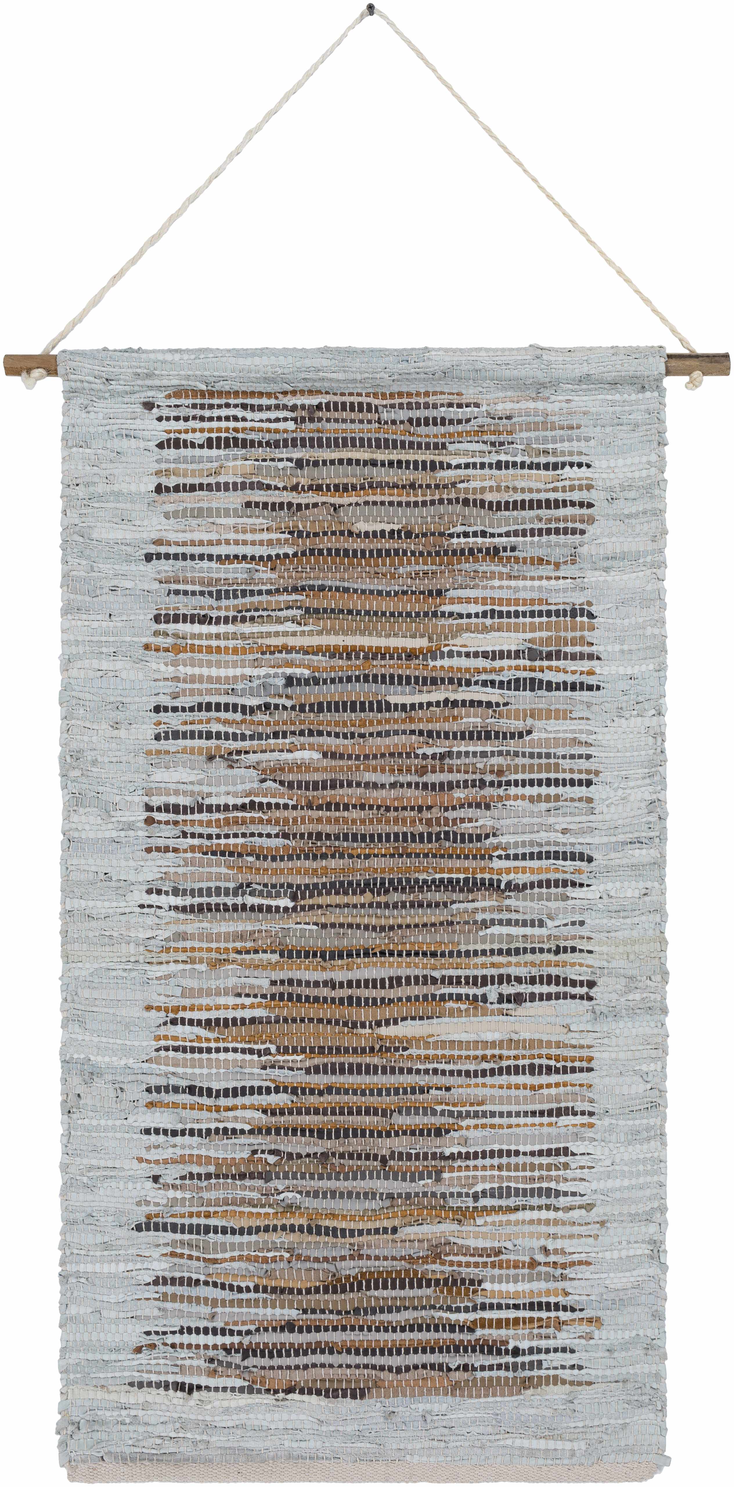 Statenville woven leather wall hanging in neutral earth tones suspended from a wooden rod