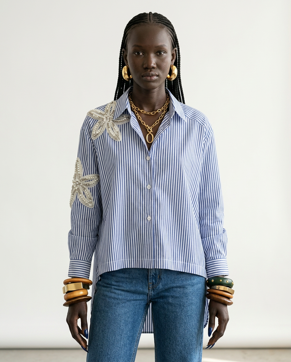 Divine Striped Beaded Floral Blouse-4