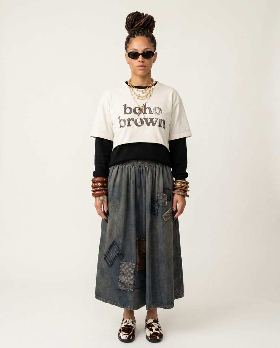 Unique Patchwork Denim Maxi Skirt-3