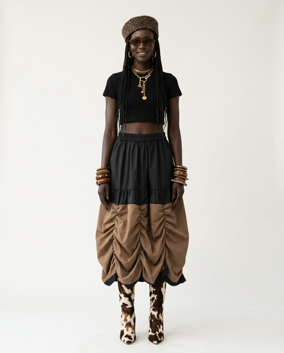 Grounded Ruched Two-Tone Midi Skirt-1