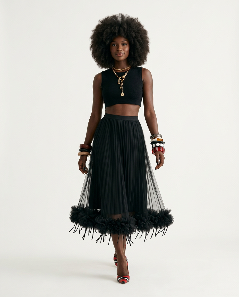 Audacious Pleated Mesh Tassel Skirt-1