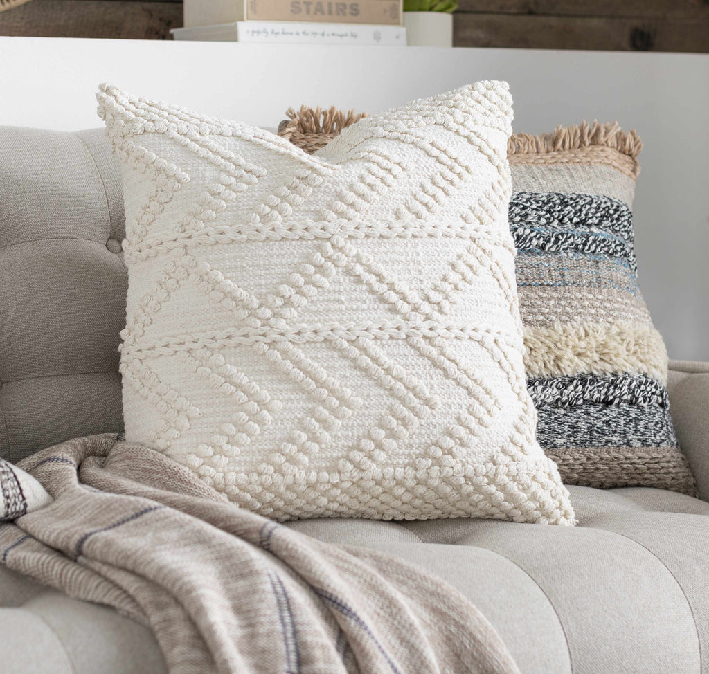 Sumiton off white textured crochet cotton throw pillow with hand-woven bohemian design — view 2