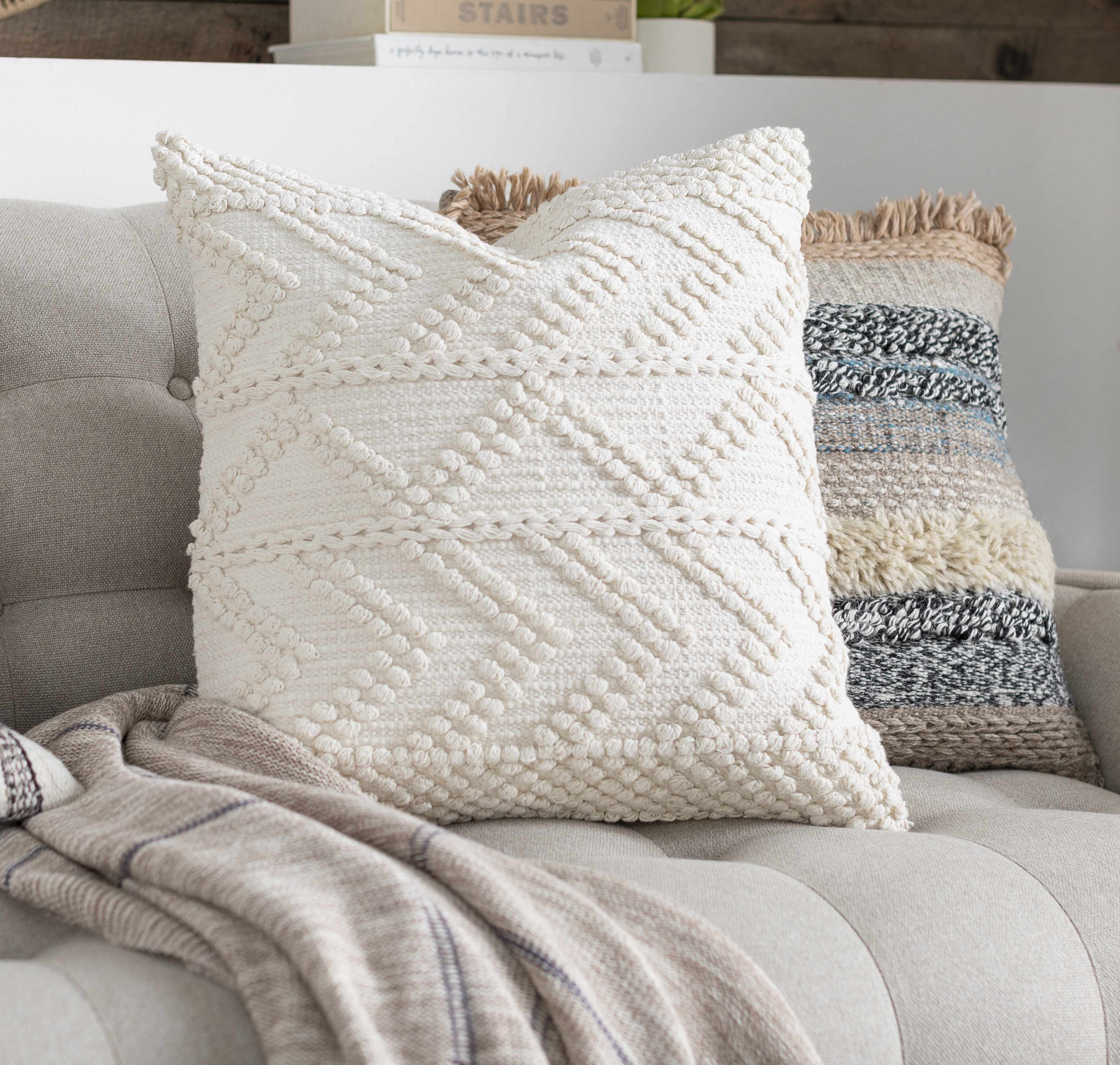 Sumiton off white textured crochet cotton throw pillow with hand-woven bohemian design — view 2