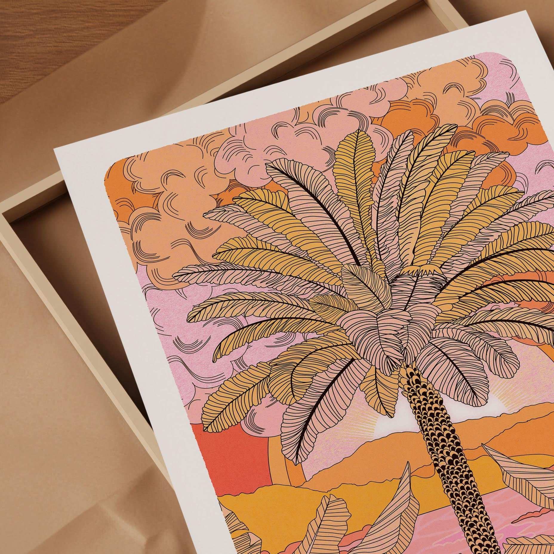 Sunset palm tree botanical art print with warm orange retro gradient and distant mountains — view 3