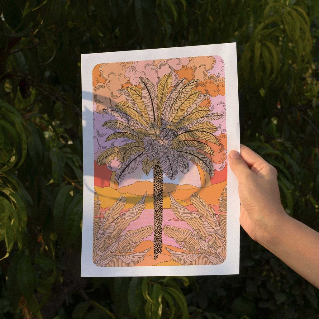 Sunset palm tree botanical art print with warm orange retro gradient and distant mountains — view 4