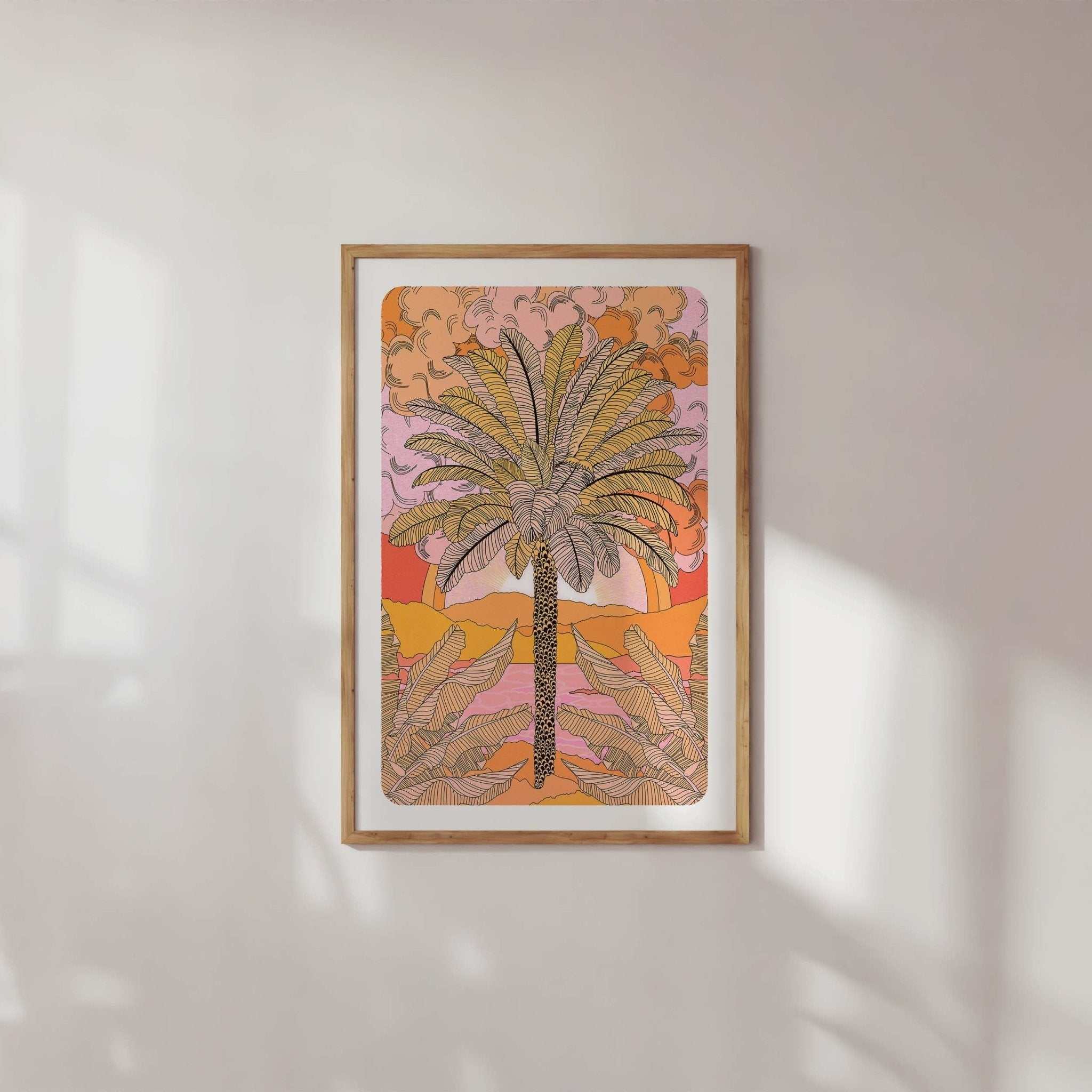 Sunset palm tree botanical art print with warm orange retro gradient and distant mountains — view 2
